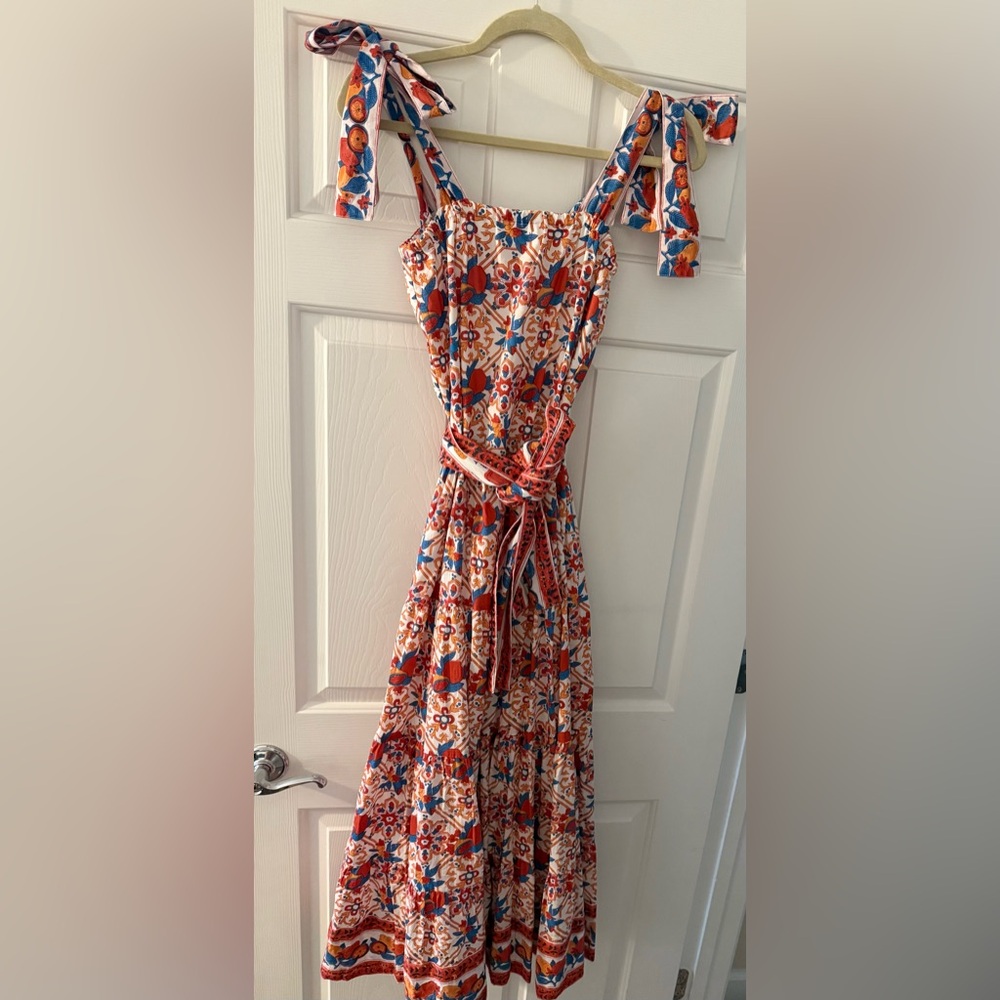 Victoria Dunn- XS, Floral Print Wrap Dress in Cream with Red & Blue Accents. NWT